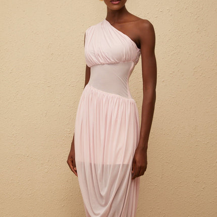 Flora Maxi Dress in Pink Terylene Fiber Asymmetrical Design