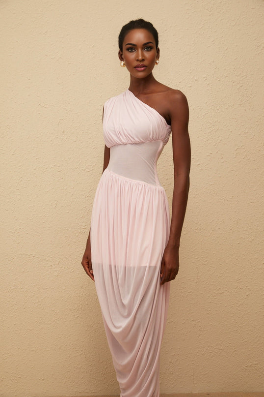 Flora Maxi Dress in Pink Terylene Fiber Asymmetrical Design