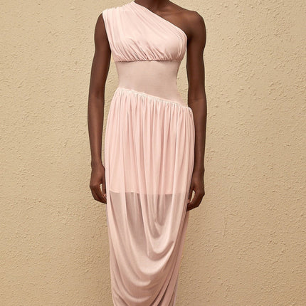 Flora Maxi Dress in elegant pink one-shoulder draped asymmetrical design cinched waist side zip fastening 100% Terylene fiber sleeveless stunning maxi length special occasions upscale events modern classic femininity
