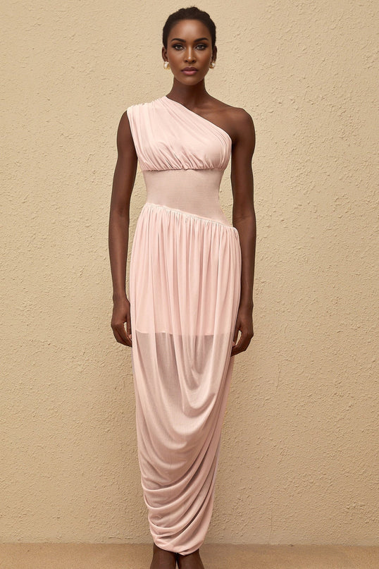 Flora Maxi Dress in elegant pink one-shoulder draped asymmetrical design cinched waist side zip fastening 100% Terylene fiber sleeveless stunning maxi length special occasions upscale events modern classic femininity