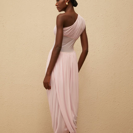 Flora Maxi Dress in Elegant Pink One-Shoulder Asymmetrical Design Cinched Waist Side Zip Terylene Fiber Sleeveless Maxi Length