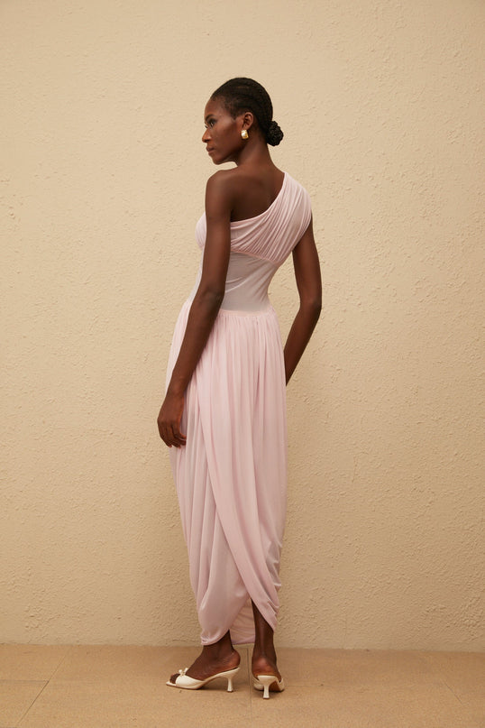 Flora Maxi Dress in Elegant Pink One-Shoulder Asymmetrical Design Cinched Waist Side Zip Terylene Fiber Sleeveless Maxi Length