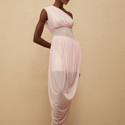 Flora Maxi Dress in elegant pink one-shoulder draped asymmetrical design cinched waist side zip fastening luxurious Terylene fiber sleeveless stunning maxi length special occasions upscale events modern classic femininity