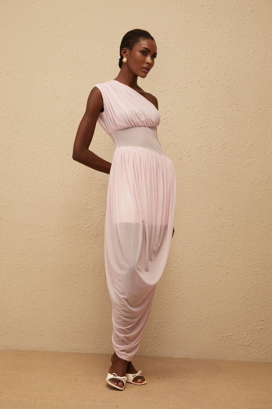 Flora Maxi Dress in elegant pink one-shoulder draped asymmetrical design cinched waist side zip fastening luxurious Terylene fiber sleeveless stunning maxi length special occasions upscale events modern classic femininity
