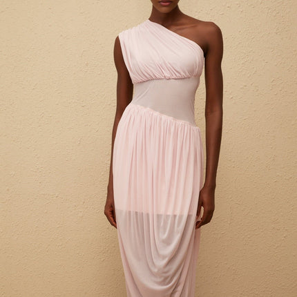 Flora Maxi Dress in elegant pink one-shoulder draped asymmetrical design cinched waist side zip fastening sleeveless stunning maxi length luxurious Terylene fiber special occasions upscale events effortless glamour modernity classic femininity