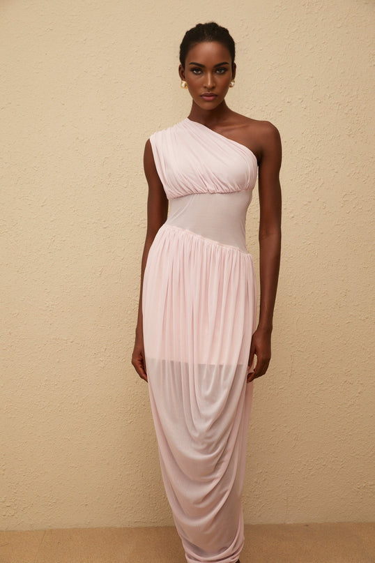 Flora Maxi Dress in elegant pink one-shoulder draped asymmetrical design cinched waist side zip fastening sleeveless stunning maxi length luxurious Terylene fiber special occasions upscale events effortless glamour modernity classic femininity