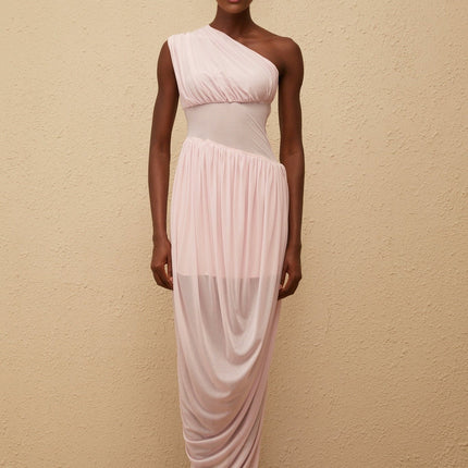 Flora Maxi Dress in elegant pink one-shoulder draped asymmetrical design cinched waist side zip fastening sleeveless stunning maxi length luxurious Terylene fiber special occasions upscale events effortless glamour modernity classic femininity