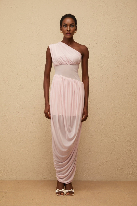 Flora Maxi Dress in elegant pink one-shoulder draped asymmetrical design cinched waist side zip fastening sleeveless stunning maxi length luxurious Terylene fiber special occasions upscale events effortless glamour modernity classic femininity