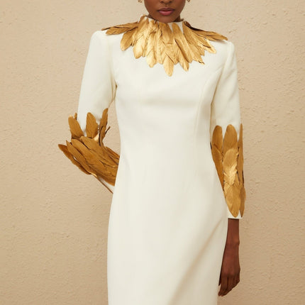 Flora White Feather Trim Maxi Dress with Turtleneck and Rear Slit