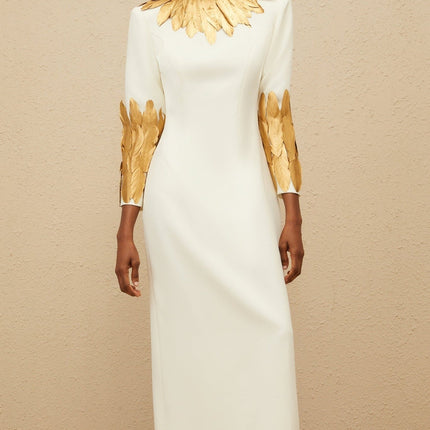 Flora White Maxi Dress with Feather Trim and Rear Slit