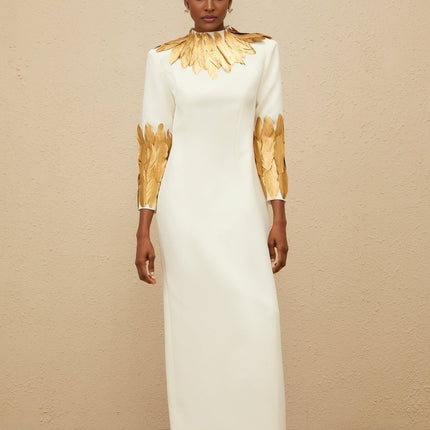 Flora White Maxi Dress with Feather Trim and Rear Slit