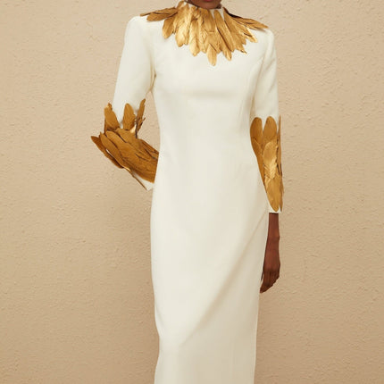 Flora White Maxi Dress with Feather Trim and Rear Slit