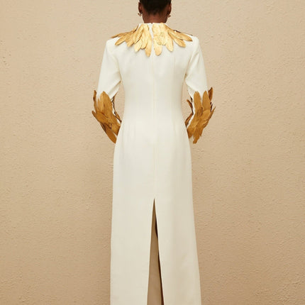 Flora White Maxi Dress with Feather Trim and Rear Slit