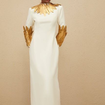Flora White Maxi Dress with Feather Trim and Turtleneck for Sophisticated Elegance