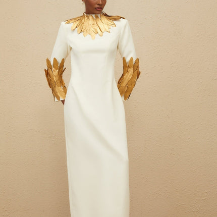 Flora White Maxi Dress with Feather Trim and Turtleneck