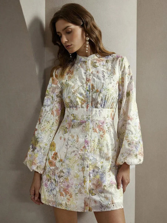 Floral AllOver Print Front Button Long Sleeve Casual Dress For Everyday Wear