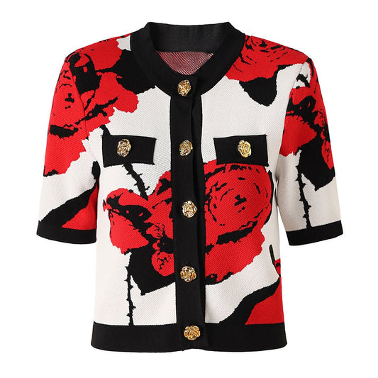 Floral Boxy Short - Sleeve Top with Bold Gold Buttons - Red