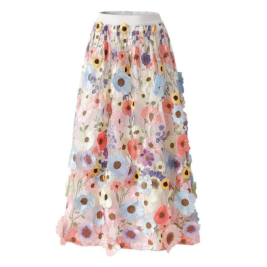 Multicolored floral embroidered A-line skirt in soft pastel palette with vibrant accents