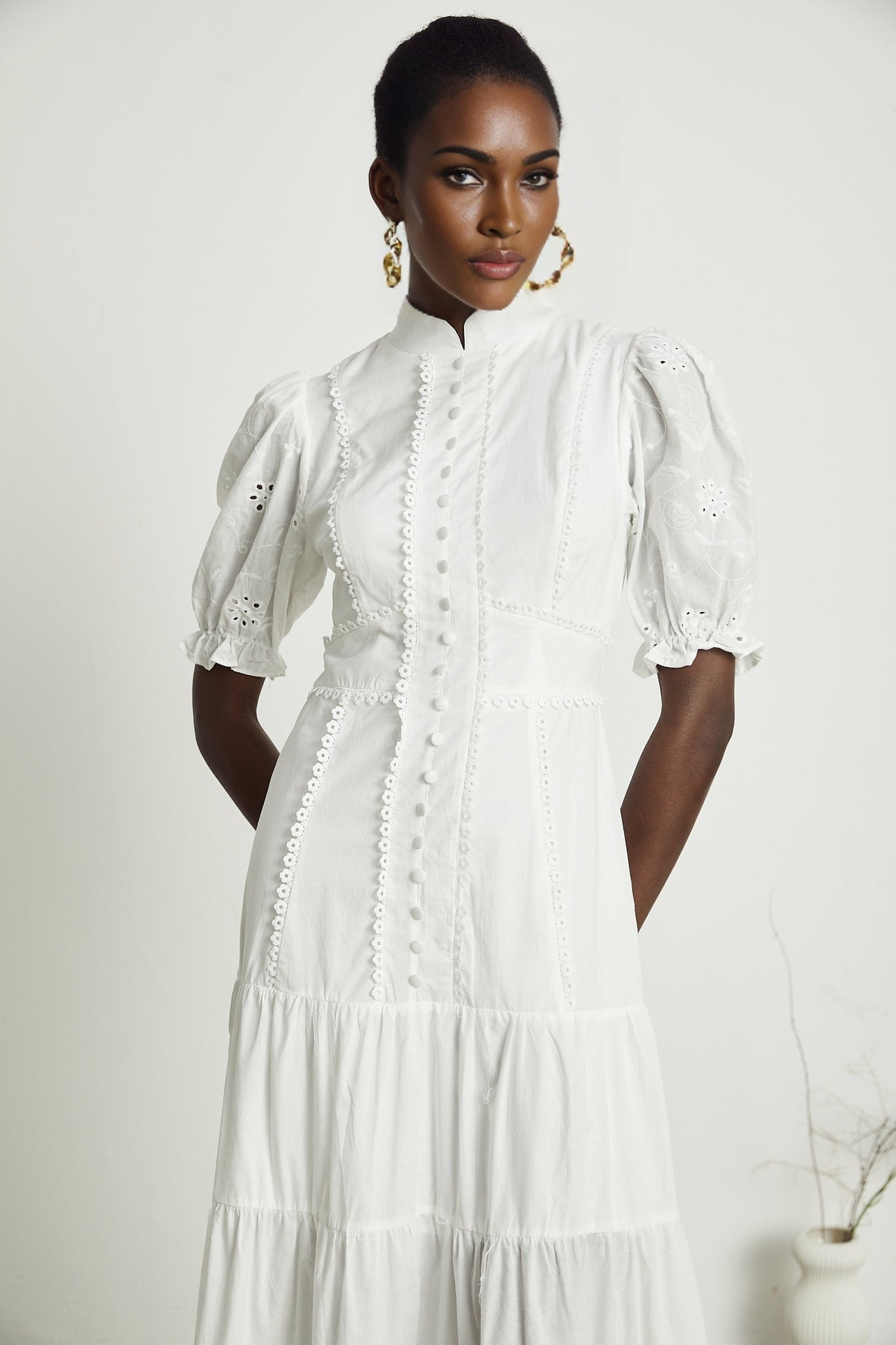 Floral embroidered lace midi dress named Coline with delicate details and feminine silhouette