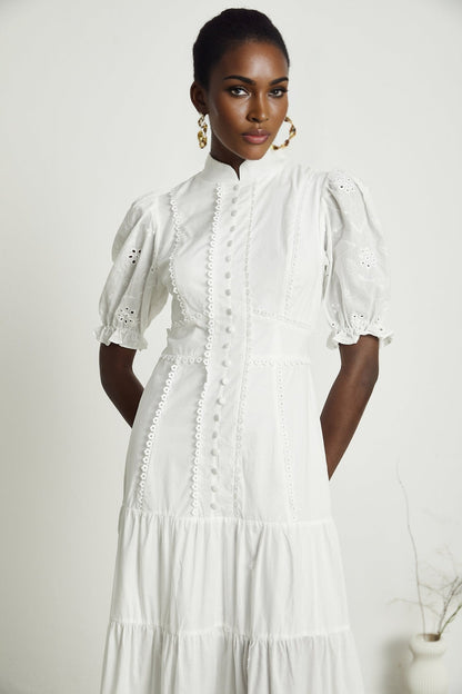 Floral embroidered lace midi dress named Coline with delicate details and feminine silhouette