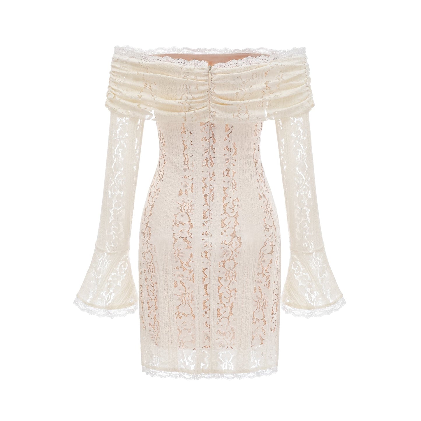 Floral lace mini dress with flared cuffs in neutral tones named Emeline