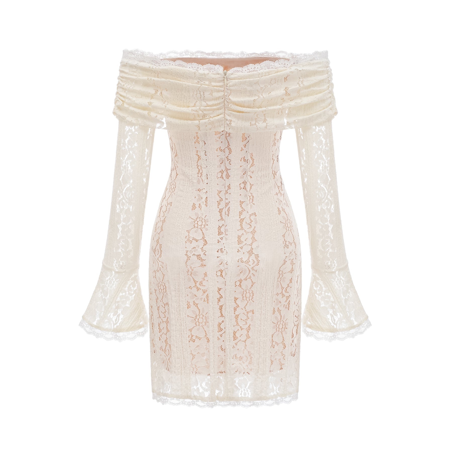Floral lace mini dress with flared cuffs in neutral tones named Emeline
