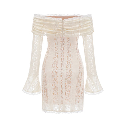 Floral lace mini dress with flared cuffs in neutral tones named Emeline