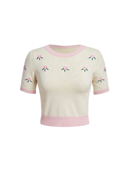 Floral Pattern Contrast Trim Knit Top