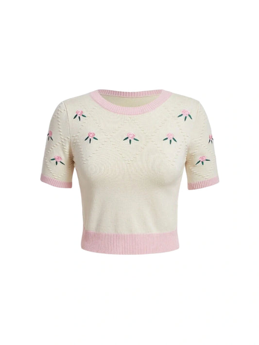 Floral Pattern Contrast Trim Knit Top