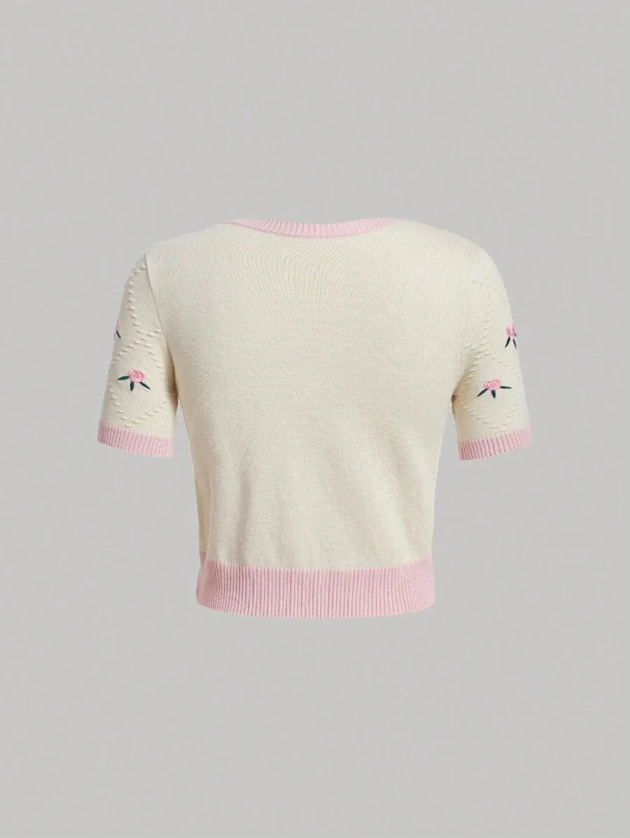 Floral Pattern Contrast Trim Knit Top
