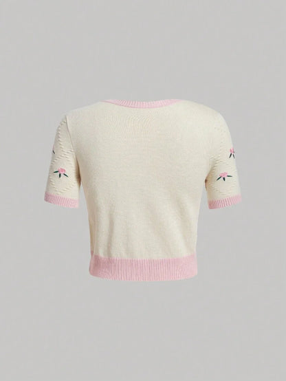 Floral Pattern Contrast Trim Knit Top
