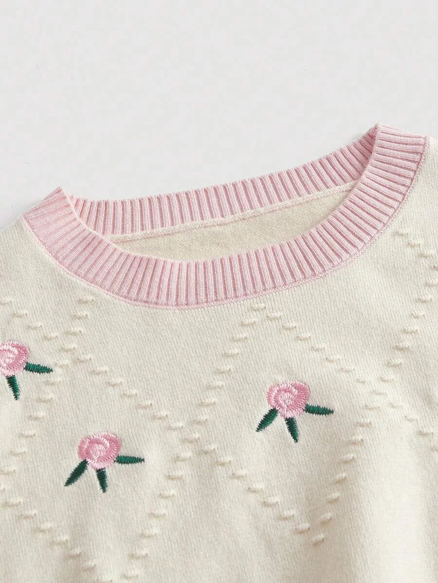 Floral Pattern Contrast Trim Knit Top