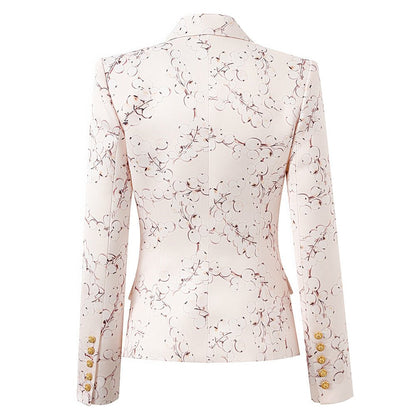 Floral Pattern Gold - Buttoned Blazer - Pink