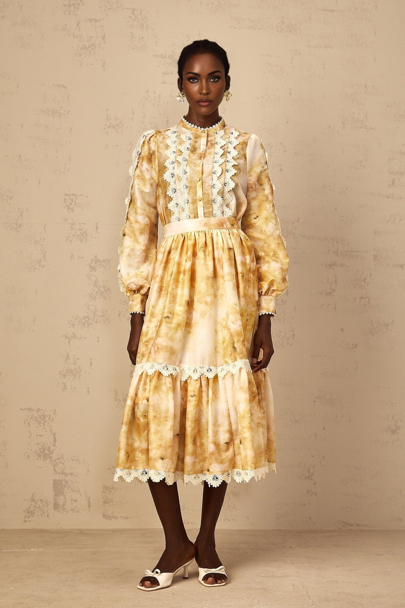 Floral print blouse and matching skirt set in pastel colors featuring a Dulcie design pattern