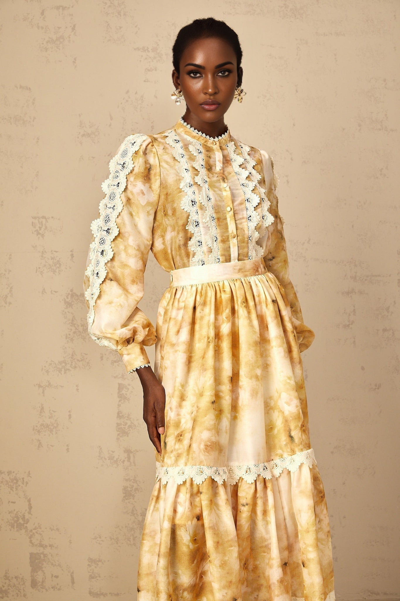 Floral print blouse and matching skirt set named Dulcie featuring colorful floral pattern on light background