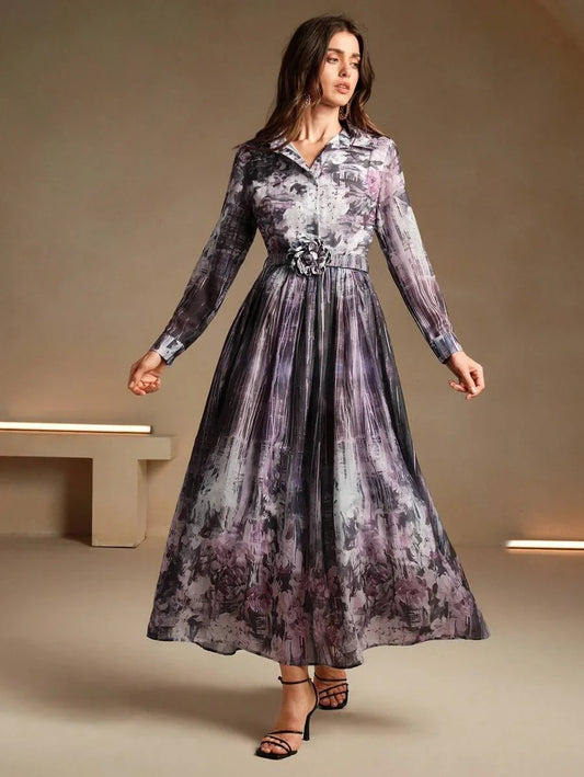 Floral Print Dress With 3D Flower Decor Belt