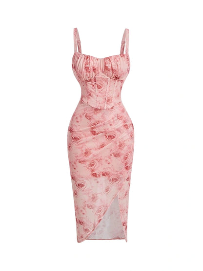 Floral Print Empire Waist Asymmetrical Hem Spaghetti Strap Dress