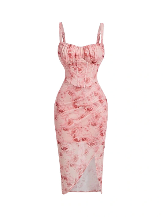 Floral Print Empire Waist Asymmetrical Hem Spaghetti Strap Dress