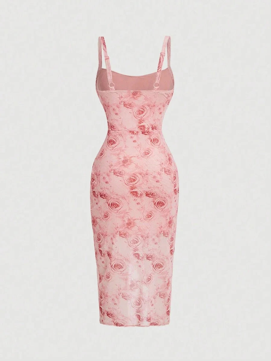 Floral Print Empire Waist Asymmetrical Hem Spaghetti Strap Dress