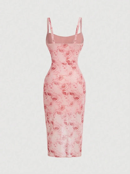 Floral Print Empire Waist Asymmetrical Hem Spaghetti Strap Dress