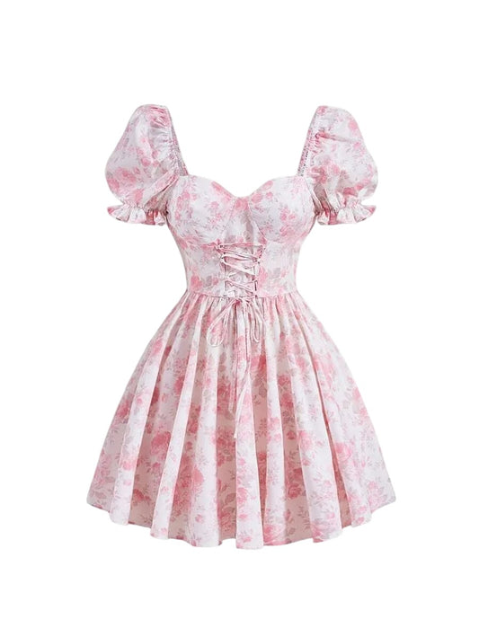 Floral Print Lace Up Front Puff Sleeve Dress
