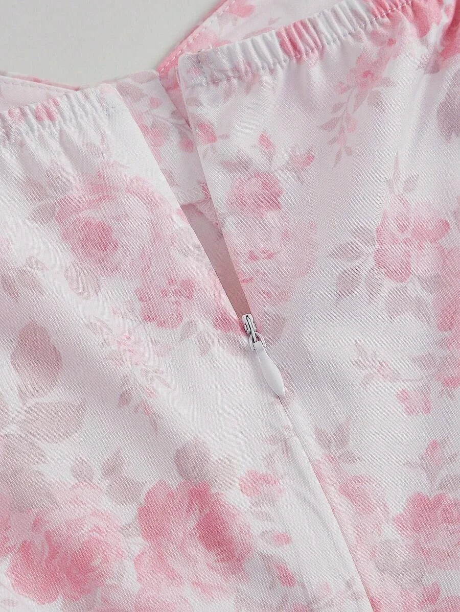 Floral Print Lace Up Front Puff Sleeve Dress