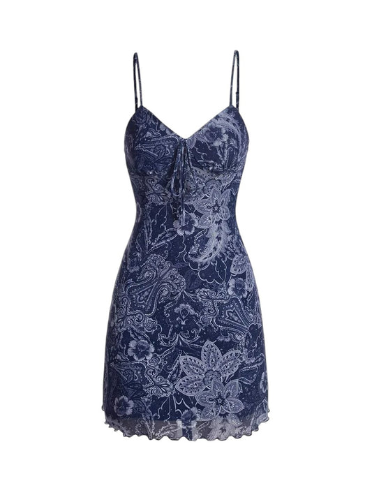 Floral Print Lettuce Trim Cami Dress in navy blue
