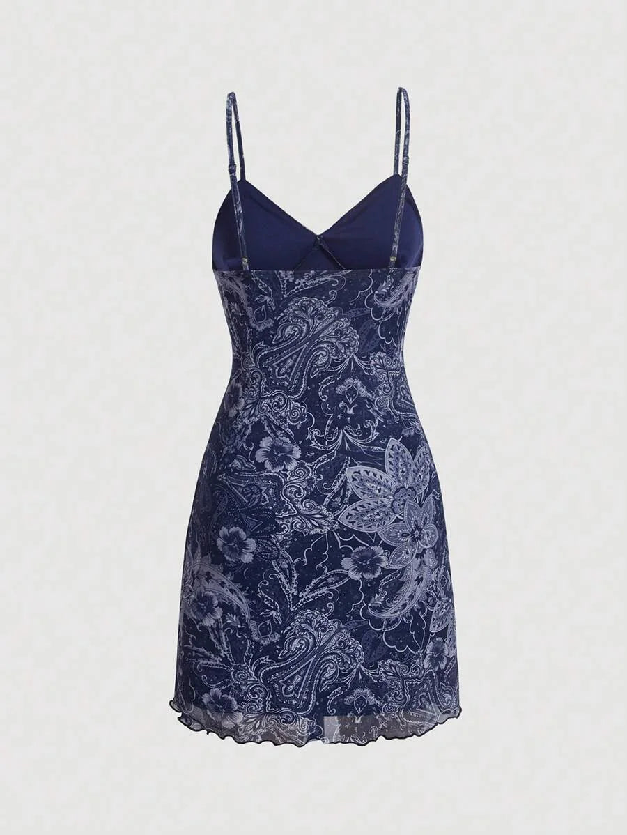 Floral Print Lettuce Trim Cami Dress