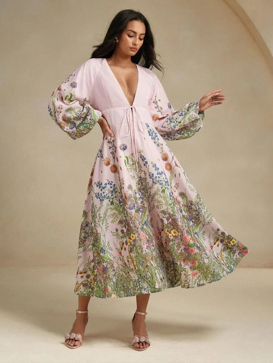 Floral Print Linen Feel Long Sleeve Dress Romantic Resort Early Autumn