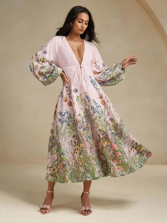 Floral Print Linen Feel Long Sleeve Dress Romantic Resort Early Autumn