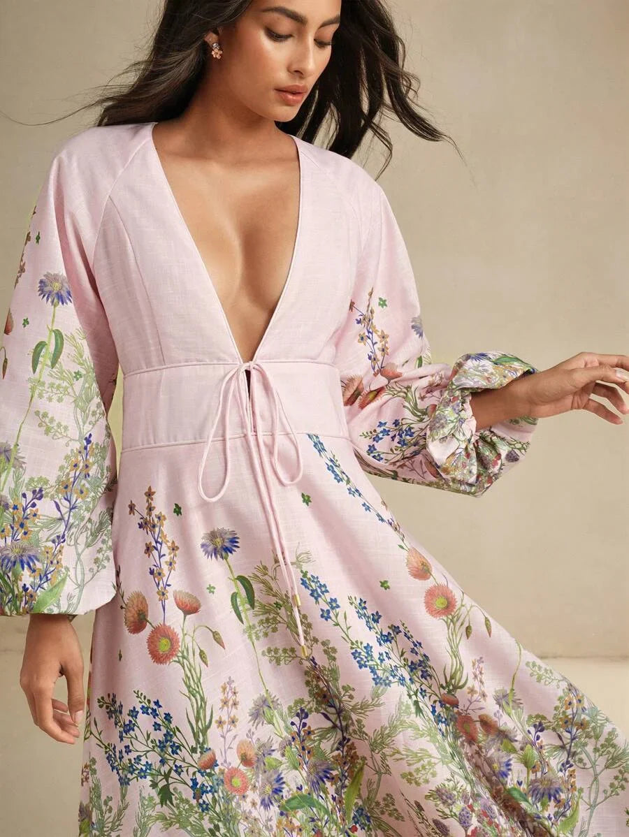 Floral Print Linen Feel Long Sleeve Dress Romantic Resort Early Autumn