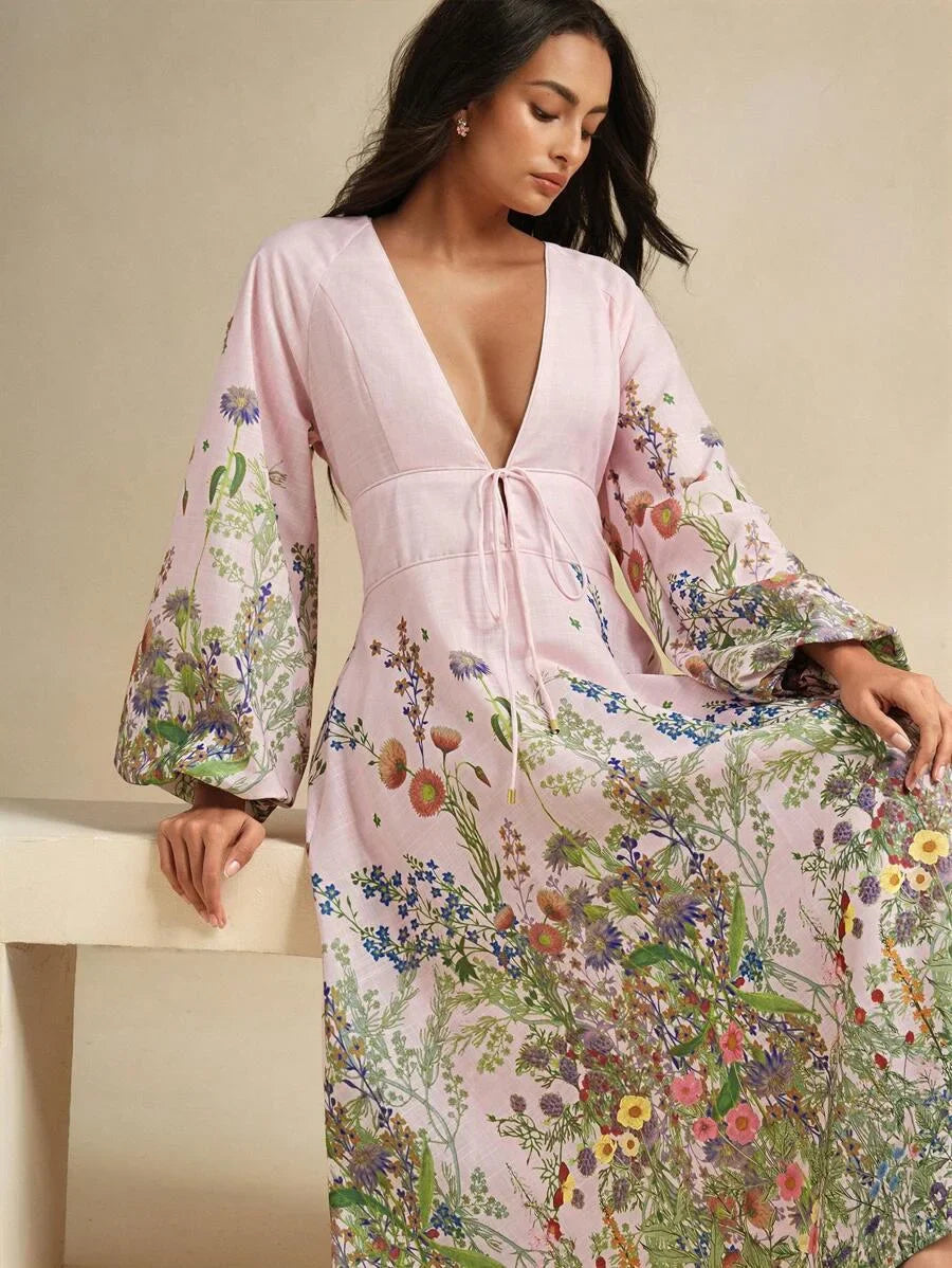 Floral Print Linen Feel Long Sleeve Dress Romantic Resort Early Autumn