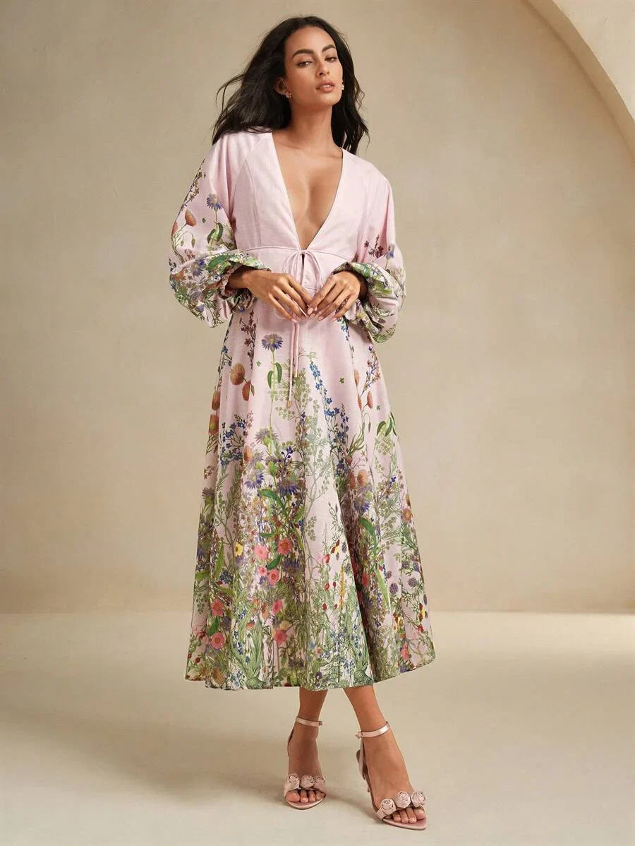 Floral Print Linen Feel Long Sleeve Dress Romantic Resort Early Autumn