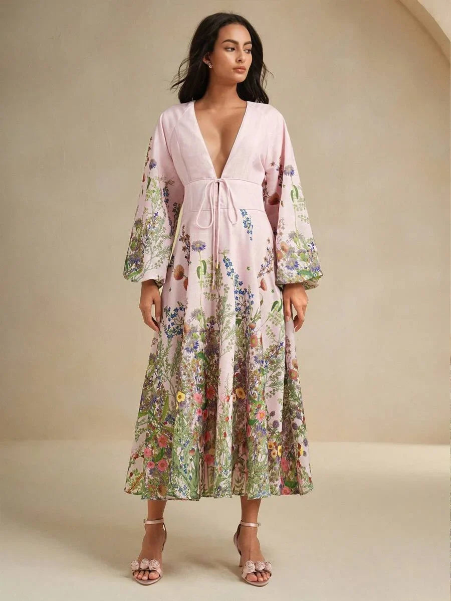 Floral Print Linen Feel Long Sleeve Dress Romantic Resort Early Autumn